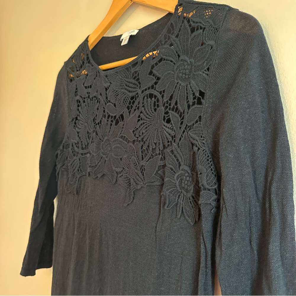 J. Jill Floral Embroidered Top Women’s Small Navy | 3/4 Sleeve Boho Lace Detail - Picture 5 of 14